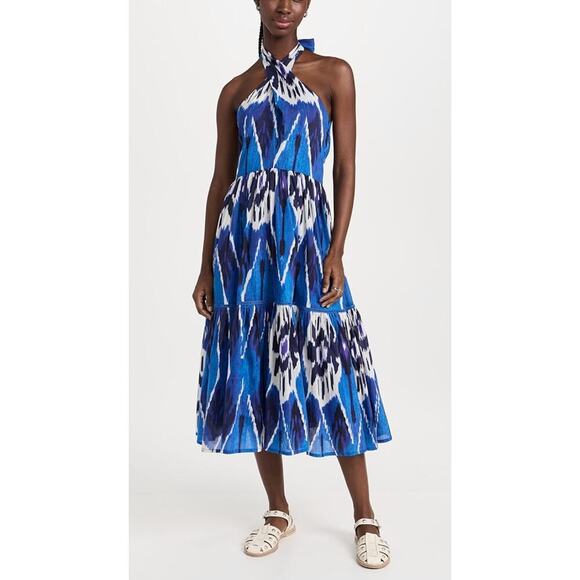 Ro's Garden Henrietta Halter Tie Midi Dress Blue Ikat Cotton Tiered Tuckernuck - Picture 1 of 8